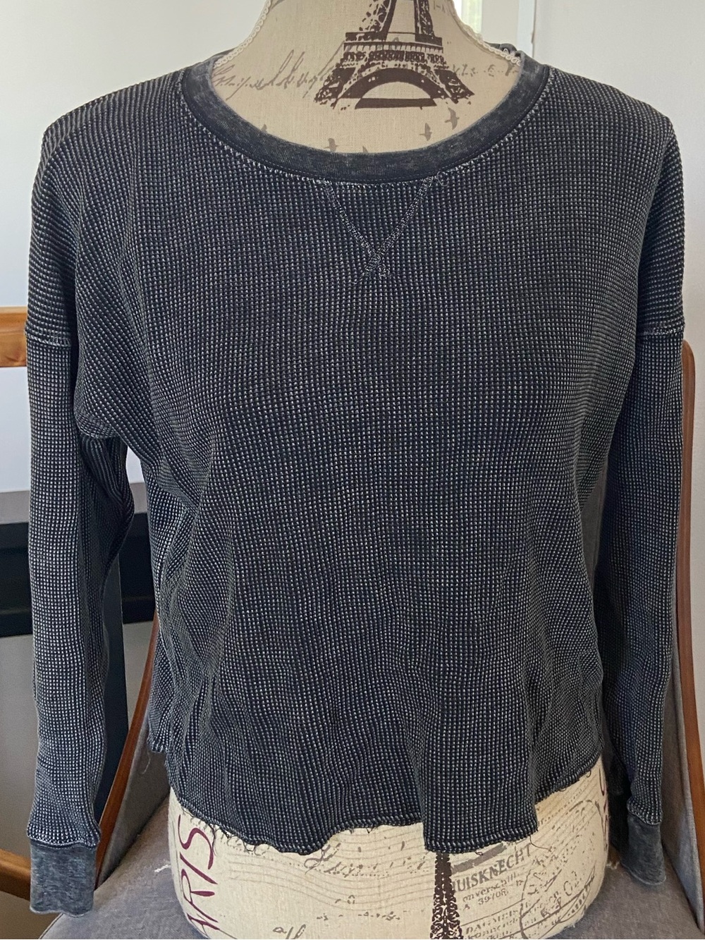 Splendid Washed Charcoal Waffle Crew Sweatshirt